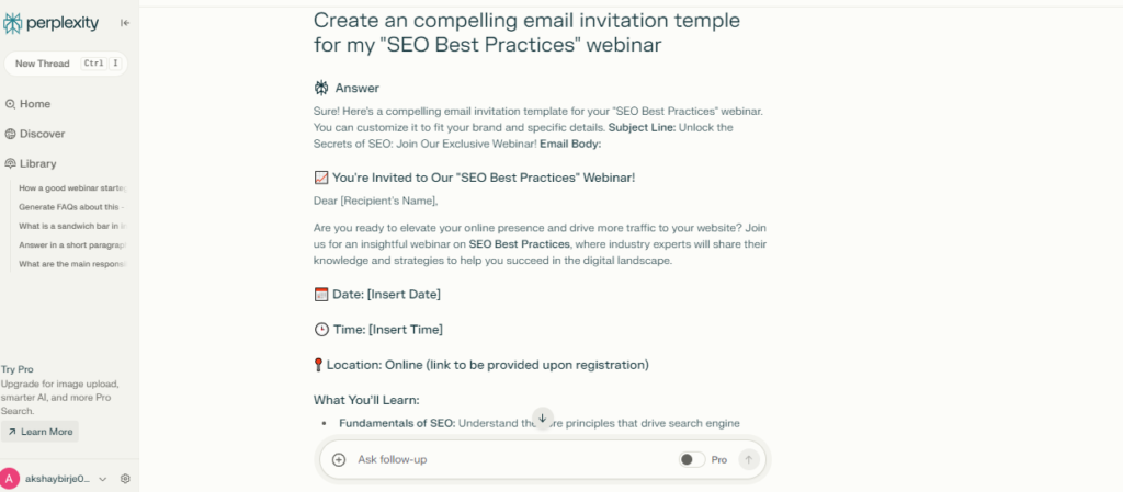Email invitation creation response from Perplexity