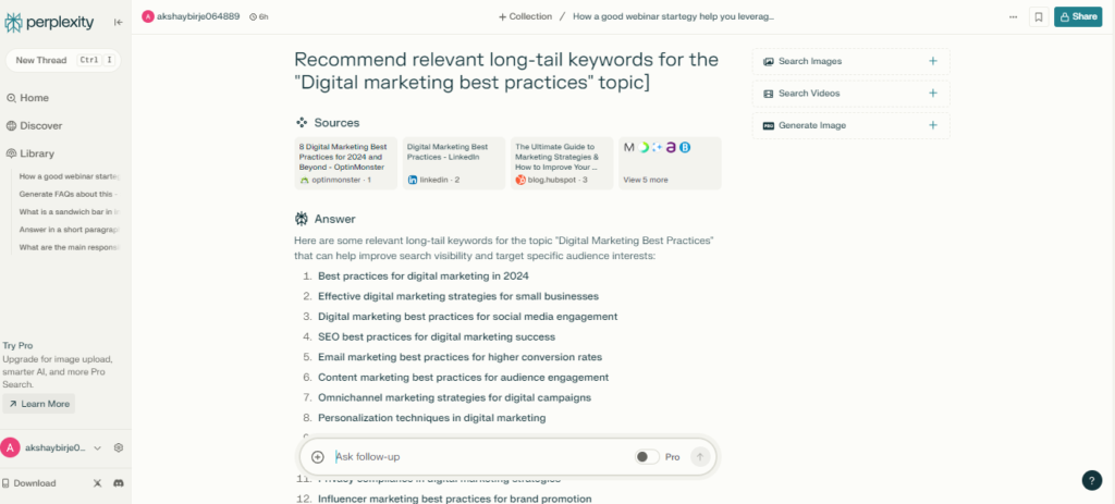 Long-tail keyword search response from Perplexity
