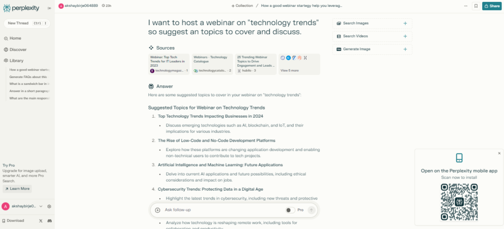 Webinar topic search response from Perplexity
