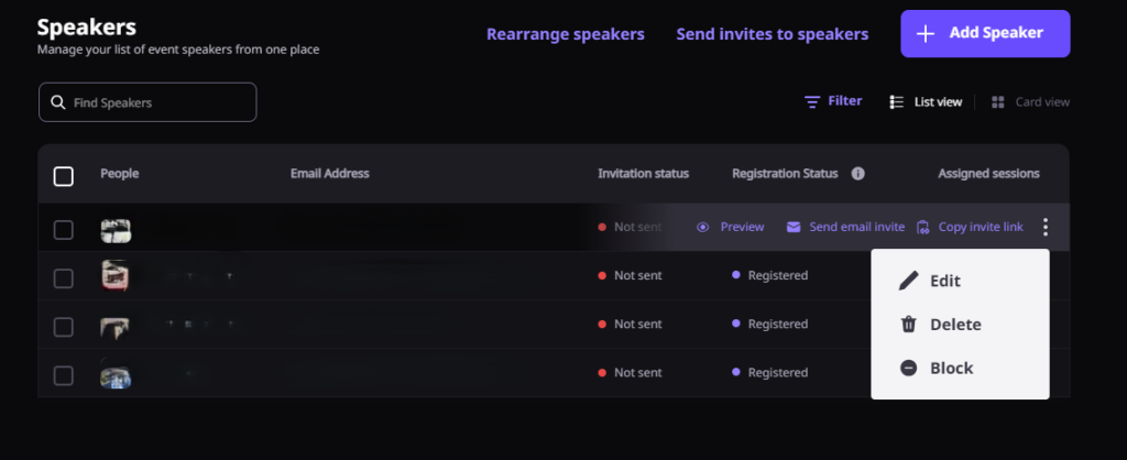 custom features allow organizers to add and remove speakers