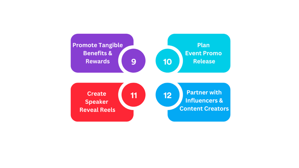 event promotion ideas-tangible benefits & rewards, event promo release, speaker reveal reels, influencer partnership